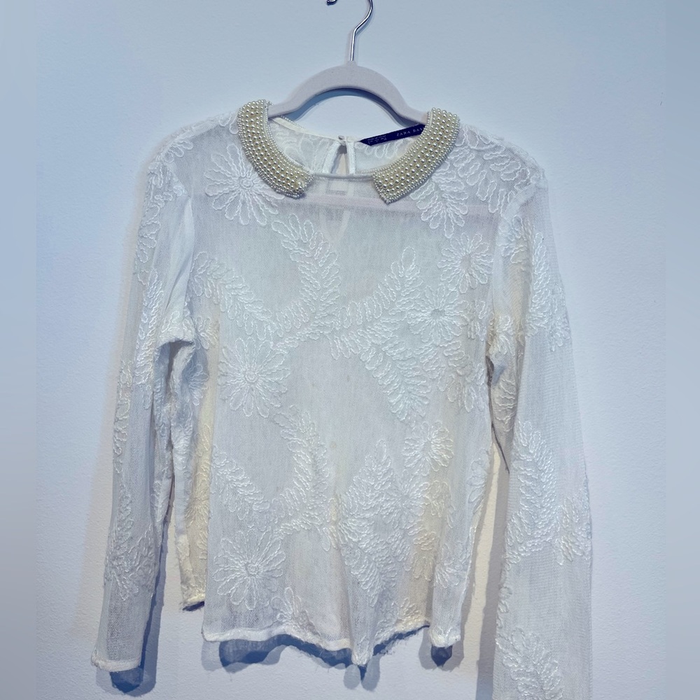 Vintage ZARA White Sweater with Pearl Collar - RARE